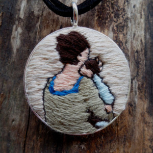 Mother and Child Folk Art Hand Embroidered Necklace