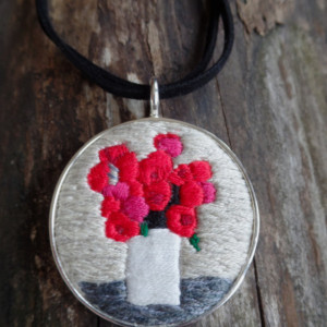 Red Flowers Hand Embroidered Necklace