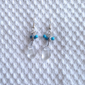 Wire Wrapped Clear Sea Glass with Turquoise Beads