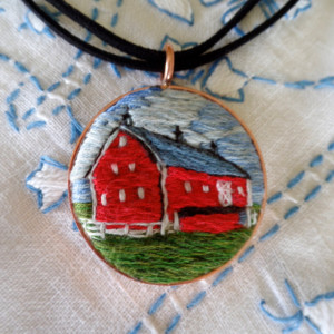 Red Barn Hand Embroidered Necklace