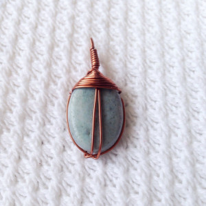 Quartz Stone Necklace Pendant wire wrapped with copper coated wire, light blue