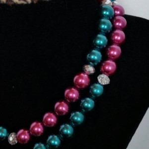 Pearl necklace- teal and magenta glass pearl necklace with sparkling crystals- handmade in texas by texas artisan