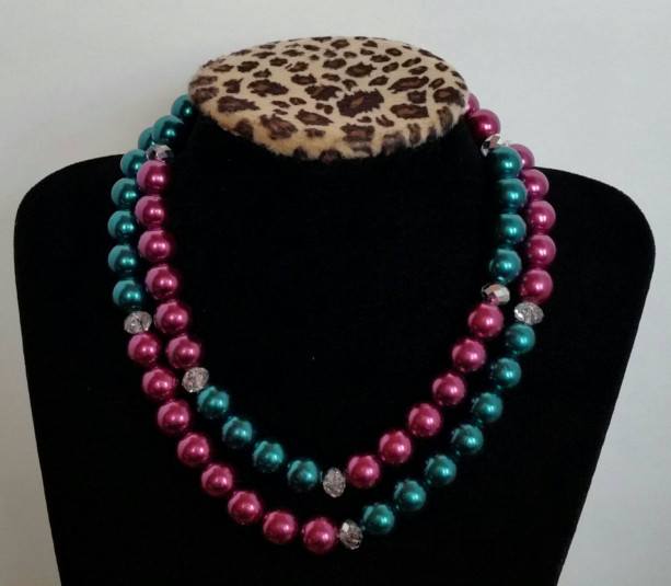 Pearl necklace- teal and magenta glass pearl necklace with sparkling crystals- handmade in texas by texas artisan