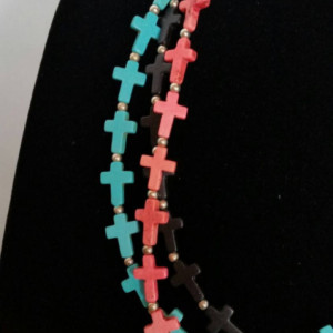 Cross Necklace- handmade multistrand, black, coral, turquoise cross necklace with silver accent beads