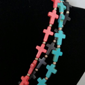 Cross Necklace- handmade multistrand, black, coral, turquoise cross necklace with silver accent beads