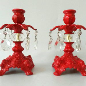 Pair of Candlesticks Red Painted Brass Candle Holder Candelabra Chrystal Teardrop Hanging Glass Chrystals Romantic Boudoir Lighting Candles