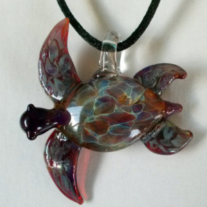 Our Larger Aqua Hand Blown Glass Sea Turtle Pendant, Necklace, Focal Bead
