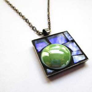 Blueberry Lime Candy Mosaic Art Pendant, Square Abstract Micro Mosaic, Gunmetal, Green and Blue Glass Necklace, Metallic Reflective Necklace