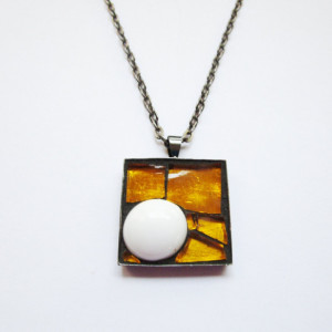 Tangerine Coconut Candy Mosaic Art Pendant, Square Abstract Micro Mosaic, Orange and White Glass Necklace, Metallic Reflective, Gunmetal