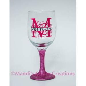 Personalized monogram glittered stem wine glass- Monogram, Glitter, Wine, Glass, Custom, Names, Personalized