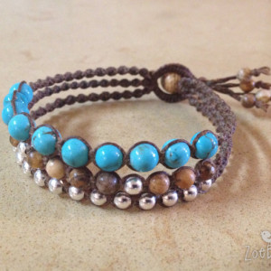 Turquoise, Jasper & Silver Macramé Bracelet, Triple Wrap Bracelet, Boho Chic, Gemstone Layered Bracelet