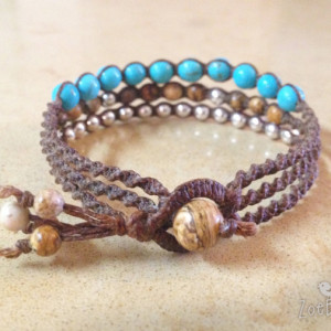 Turquoise, Jasper & Silver Macramé Bracelet, Triple Wrap Bracelet, Boho Chic, Gemstone Layered Bracelet