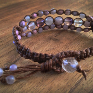 Amethyst, Purple Fluorite & Lilac Stone Macramé Cuff on BROWN Linen Cord, Triple Wrap Bracelet, Gemstone Layered Bracelet