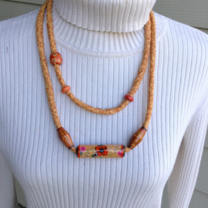 Textile Jewelry, Fabric Cord Necklace, Recycled Paper Bead