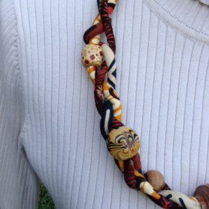 African Print Braided  Cord Necklace with Recycled Paper Focal Bead - Wooden Bead Accents