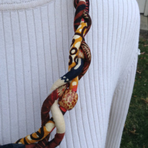 African Print Braided  Cord Necklace with Recycled Paper Focal Bead - Wooden Bead Accents
