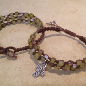 Olive Jade & Czech Glass Macramé Bracelet w/Cross Charm, Triple Wrap Bracelet, Gemstone Layered Bracelet