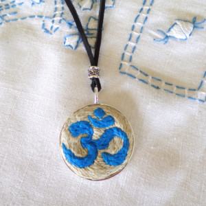 Blue OM Hand Embroidered Necklace