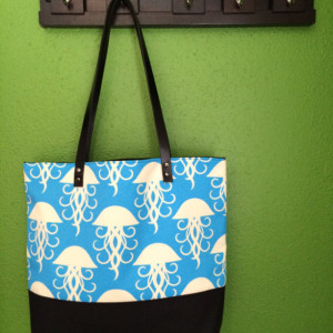 Large Tote Bag /// Jellyfish with Black Canvas Bottom and Black Buffalo Leather Straps