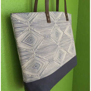 Large Tote Bag /// Navy and White Design with Navy Canvas Bottom and Brown Buffalo Leather Straps