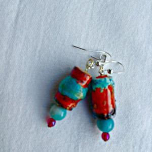Raku Style Drop Earrings, Dangle Earrings, Recycled Paper Beads, Red-Orange and Blue, Boho Chic, Silver Tone French EarWires