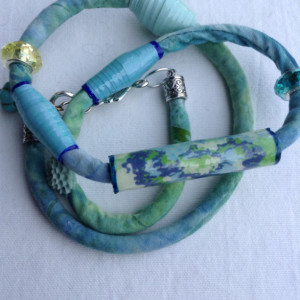 Fabric Cord Wrap Bracelet - Recycled Paper Beads - Lucite Beads and Dangle