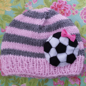 Baby pink and Grey Soccer Beanie, Soccer hat, baby accessories, girls accessories, baby clothing, girls clothing, striped soccer hat, Beanie