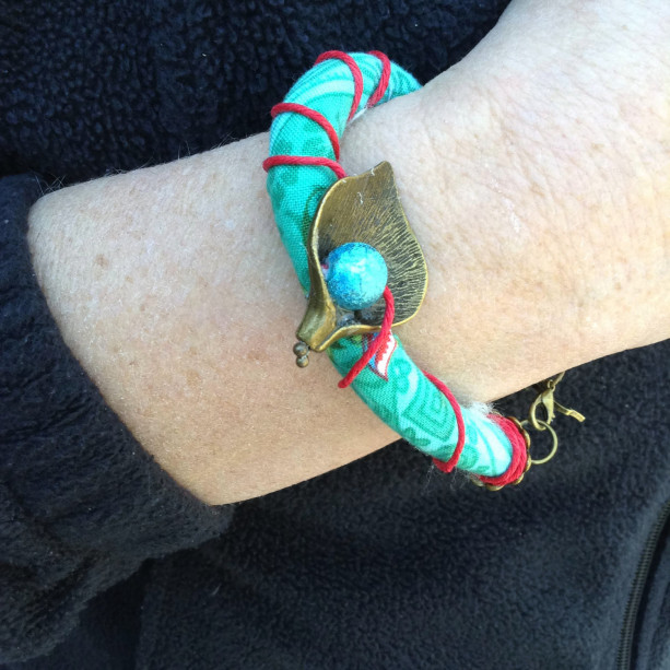 Fabric Cord Bracelet - Brass Leaf with Bead - Cord Wrap, Textile Bracelet, Fabric Jewelry, Turquoise and Red, Gift, Under 20