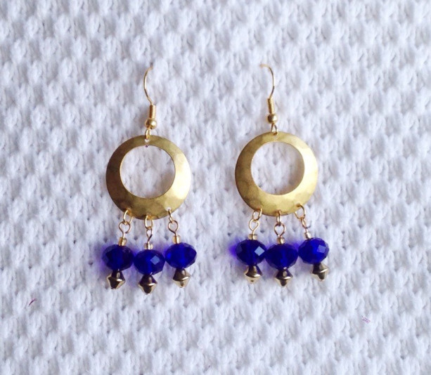Gold plated Hoop Earrings with Cobalt blue Austrian crystal beads