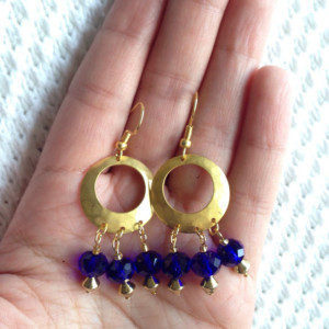 Gold plated Hoop Earrings with Cobalt blue Austrian crystal beads