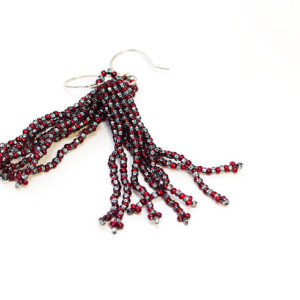 Beaded Tassel Earrings // Red and Silver // Stripes // Beadwork // Seed Beads // Handmade Silver Earwires
