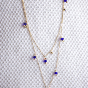 Boho Chic Gold Necklace Chained & Layered with gold and cobalt blue Austrian Crystals