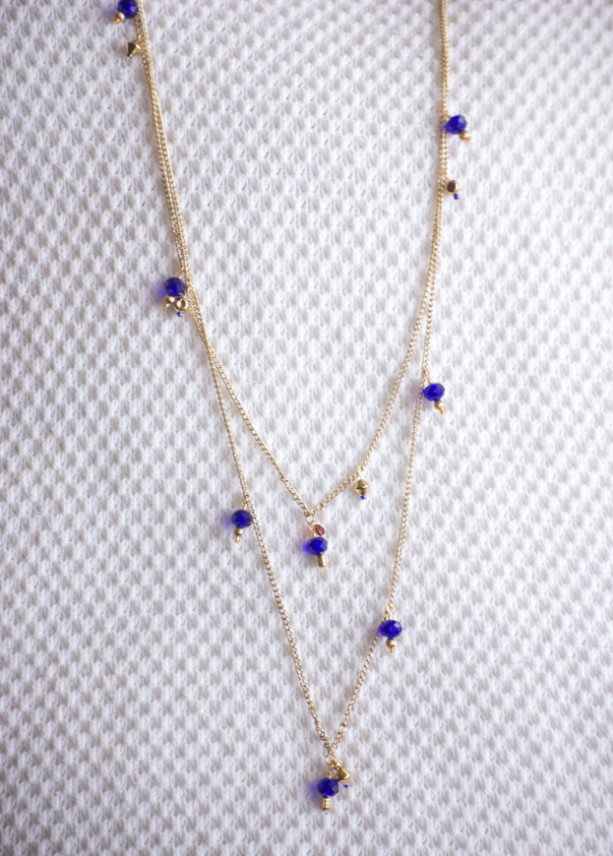 Boho Chic Gold Necklace Chained & Layered with gold and cobalt blue Austrian Crystals