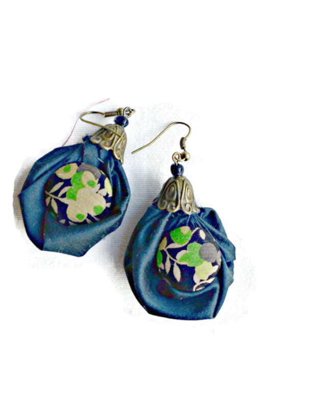 Silk Drop Earring, Dangle Earring, Fabric Earring,  Blue-Black Silk Fabric, Hand crafted Silk Button, Green, Black and Tan,