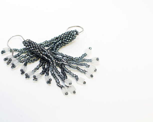 Beaded Tassel Earrings // Dark Silver // Gray // Seed Beads // Cube Beads // Handmade Silver Earwires