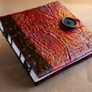 Handmade Coptic Bound Art Blank Book + original art - red, faux, leather, book, sketchbook, art, spells, wicca, lovecraft, journal, handmade