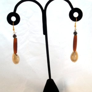 Amber Buffalo Horn/Cowrie Shell Dangle Earrings with Dendric Jasper