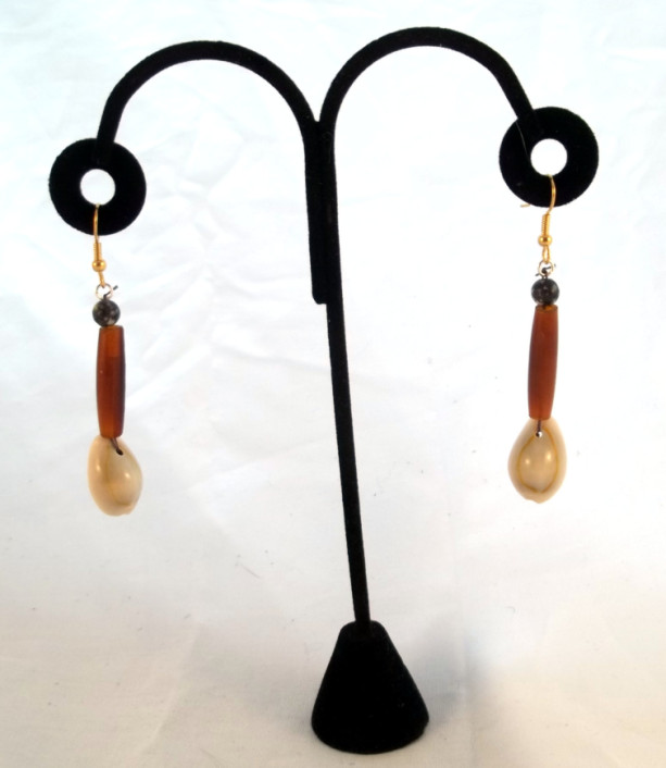 Amber Buffalo Horn/Cowrie Shell Dangle Earrings with Dendric Jasper