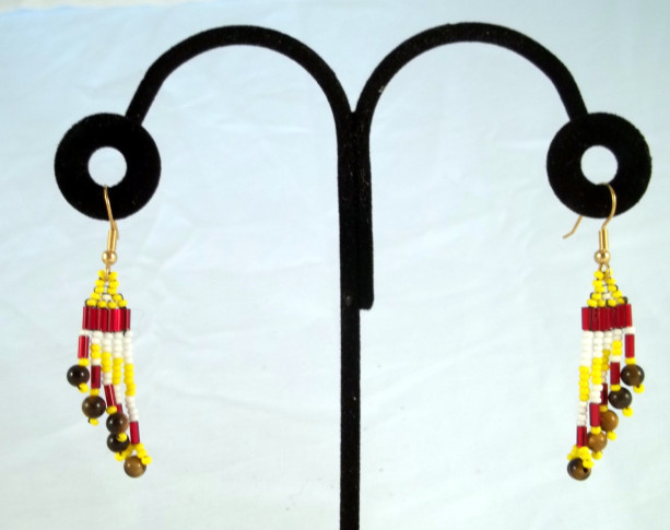 Yellow Brick Stitch TIger Eye Dangle Earrings,  Handmade, Gourd stitch, Primary Colors, Native American Inspired