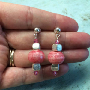 Rare pink Argentinean Rhodochrosite fine thai silver dangle earrings with Swarovski crystals, gift for her, fine jewellery, sterling silver