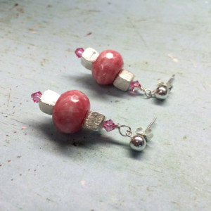 Rare pink Argentinean Rhodochrosite fine thai silver dangle earrings with Swarovski crystals, gift for her, fine jewellery, sterling silver