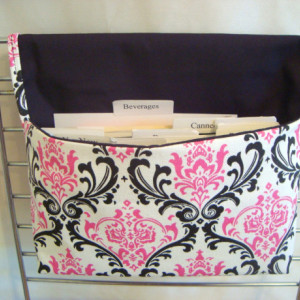 Coupon Organizer / Budget Organizer Holder  - Attaches To Your Shopping Cart-  Black and Pink Damask Duck Canvas Decor Fabric