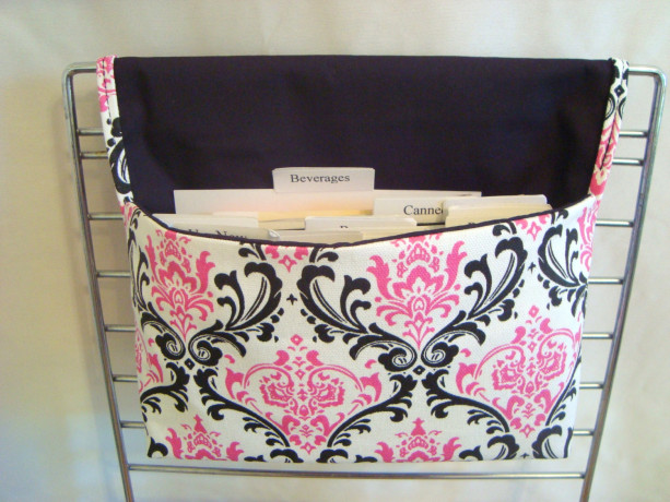 Coupon Organizer / Budget Organizer Holder  - Attaches To Your Shopping Cart-  Black and Pink Damask Duck Canvas Decor Fabric