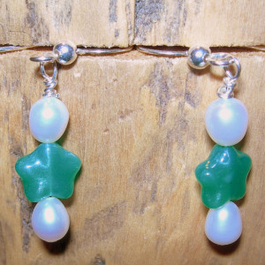 White Pearl and Green Glass Earrings- Bright Are The Stars