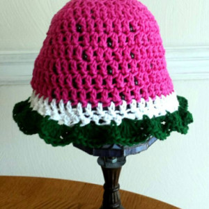Watermelon cotton crochet hat - ruffle or band - unisex boy girl child kid - sizes baby toddler teen adult red or pink With black bead seeds