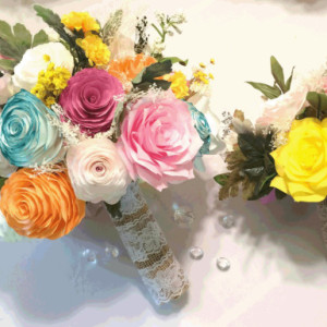 Customizable Bridal party bouquets in pink, yellow, orange and teal handmade paper Peonies and Roses, Wedding party bouquet, Paper Bouquets