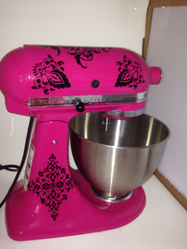 Customized Hot Pink cheetah print vinyl wrap for white KitchenAid tabletop stand  mixer. We customize these guys for $…