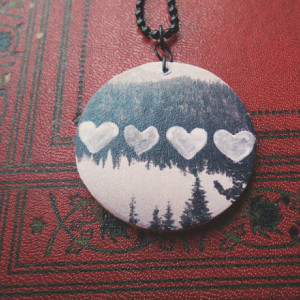 Some Hearts / Watercolor / Nature / Lake / Bohemian / Hipster / Wooden Pendant / Ball Chain / Digital Art Pendant