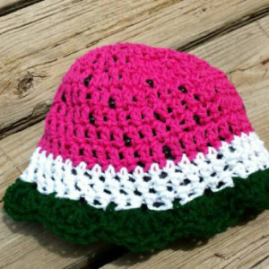 Watermelon cotton crochet hat - ruffle or band - unisex boy girl child kid - sizes baby toddler teen adult red or pink With black bead seeds