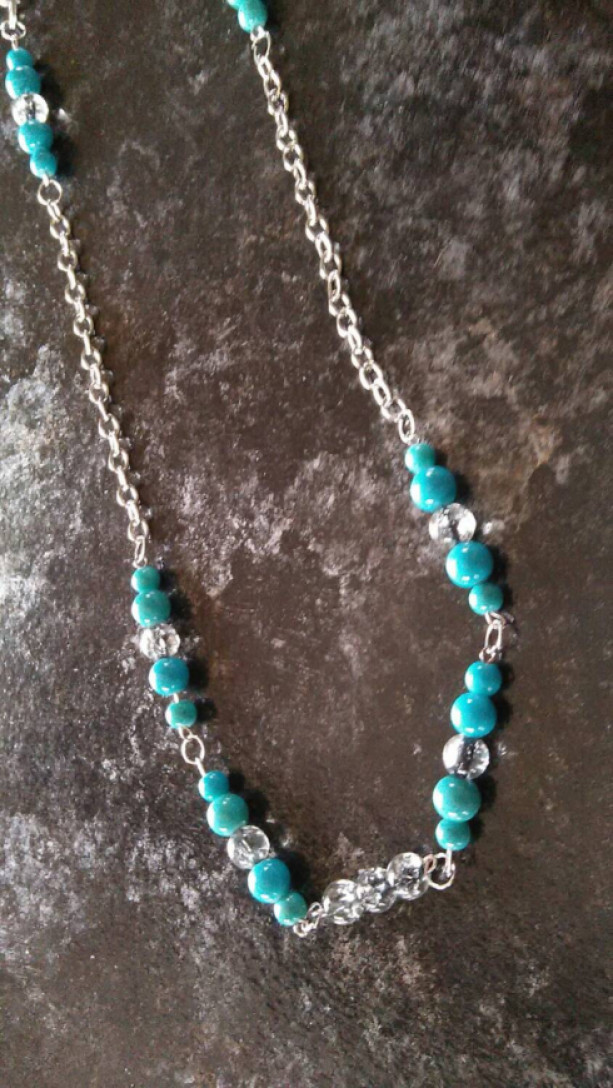 Silver chain necklace with aqua and clear glass beads, 14 inches long.